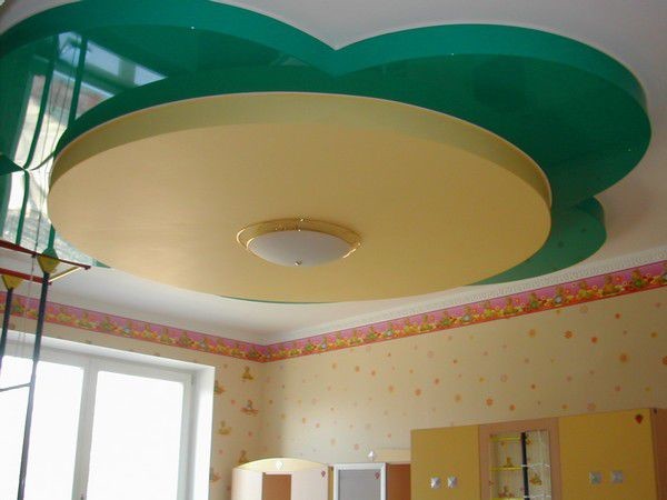 Многоуровневый потолок в детской комнате в виде цветка. Фото 11