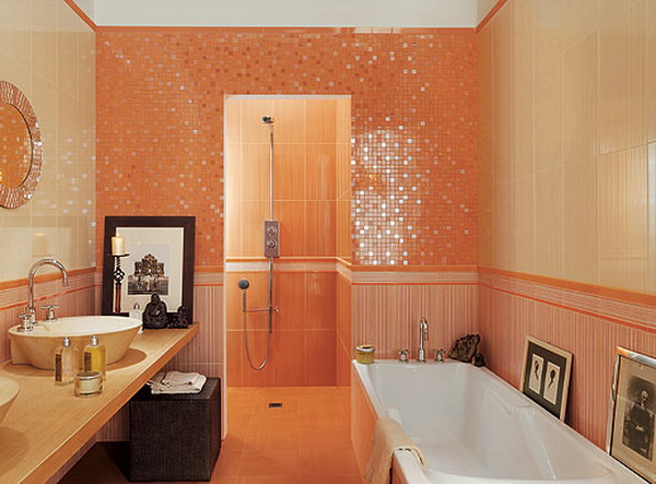 Оранжевая керамическая плитка в ванной. Фото 20