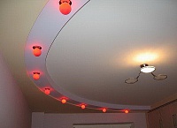 Потолок из гипсокартона с красными светильниками. Фото 41
