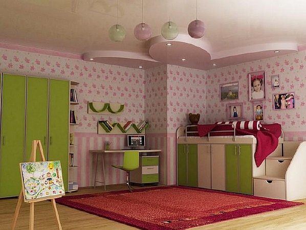 Двухуровневые обои в розовых тонах в детской комнате. Фото 49
