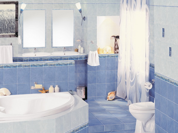 Бело-голубая настенная керамическая плитка в ванной комнате. Фото 18