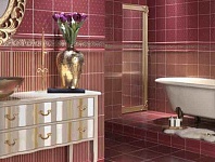 Светло-бордовая керамическая плитка в ванной. Фото 22